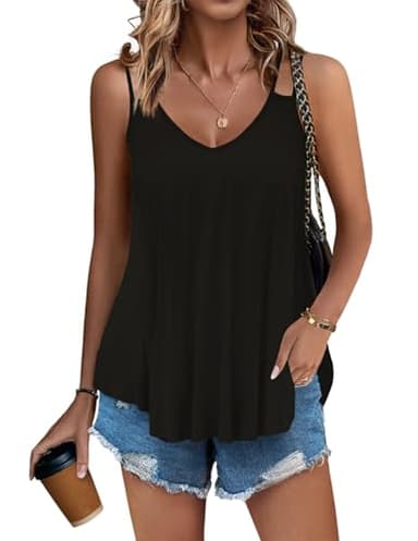 Zeagoo Womens Flowy Tank Tops Spaghetti Strap V Neck Camisole Dressy Casual Summer Loose Fit Sleeveless Shirts Black