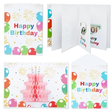 6 Slots 3D Happy Birthday Gift Card Booklet with Envelopes 3D Honeycomb Birthday Money Holder for Cash Gifts Surprise Money Card Sleeves Book Money Gift Ideas for Teacher Employee Friends (Colorful)