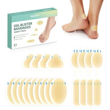 Welnove Gel Blister Bandages for Feet - 21ct Blister Cushion for Heel, Toe - Water-Resistant Hydrocolloid Bandages - Blister Pads for Prevention & Recovery