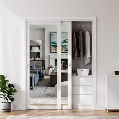 COSHOMER Sliding Closet Door for 60" x 80" Opening, Preassembled Mirror Closet Door with Hardware Kit Included, Water-Proof PVC Surface, Easy Install, White