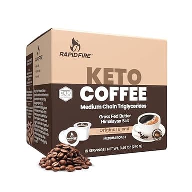Rapidfire Original Flavor High Performance Keto Coffee Pods, Supports Energy & Metabolism, Single Serve K Cup, Brown, 16 Count