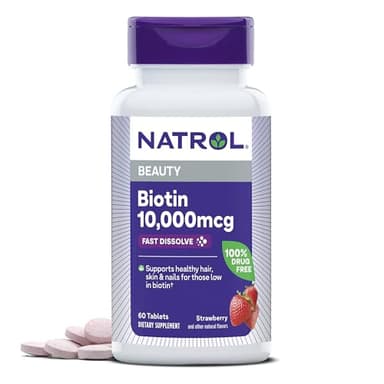 Natrol Biotin 10000mcg, 4X Faster Dissolve Supplement for Healthy Hair, Skin and Nails for Those Low in Biotin, Plus Energy Metabolism Support, 60 Tablets, Up to a 60 Day Supply