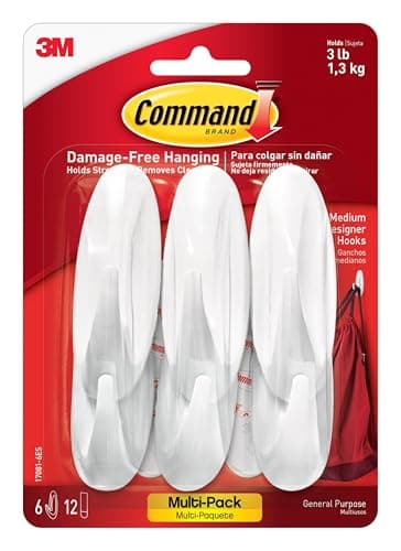 Command Medium Designer Hooks, 6 Hooks and 12 Strips, Damage-Free Hanging Wall Hook with Adhesive Strips, No Tools Great for Hanging, Organization and Storage, Holds up to 3 lb