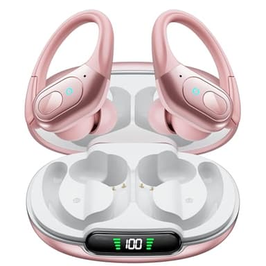 occiam Active Noise Cancelling Earbuds Wireless Bluetooth Headphones Ear Buds 90Hrs Playback Stereo Bass Earphones with Mic Over-Ear Hooks IPX7 Waterproof Headset for Work Sports Running Gym Rose Gold