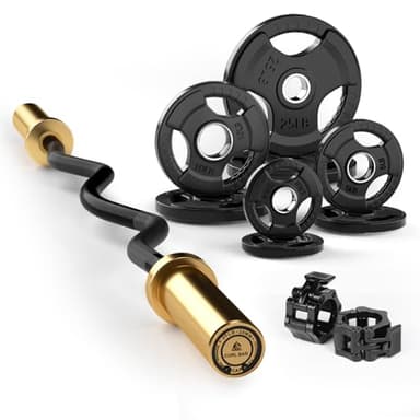 LIONSCOOL Golden Sleeves EZ Curl Bar with 85lb Rubber Coated Grip Plate Set with Barbell Clamps