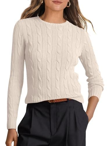 ANRABESS Womens Long Sleeve Cable Knit Sweater Jumper Crewneck Pullover Soft Dressy Casual Tops Cute 2025 Fall Trendy Outfits Apricot Medium