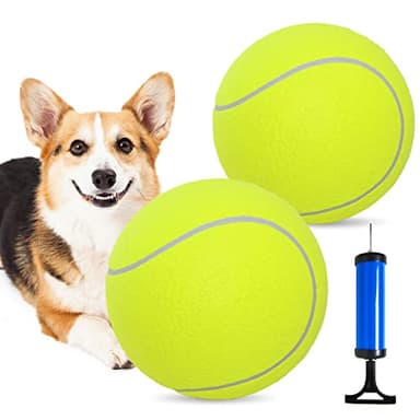 Pomeat 2 PCS Gaint Tennis Ball for Dogs, 9.5" Inflatable Large Tennis Balls Pet Chew Toy, Inflatable Rubber Non-Toxic Pet Toy Balls with Pump & Needle for Small Medium Large Dogs