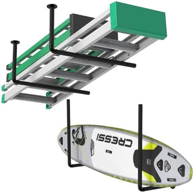 Surfboard Wall Mount or Ceiling Rack, Heavy-Duty Overhead Garage Storage Rack with Sponge Pads, Garage Ceiling Storage Racks for Ladder, Surfboard, Snowboard, Paddle Boards, Holds 100 lbs, Black