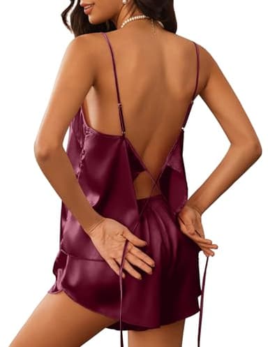 Ekouaer Womens Satin Pajamas Set Tie Back Silk Pjs Adjustable Lingerie Cami Top and Shorts Nightwear Sets Wine Red L