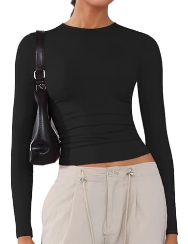 Women's Soft Long Sleeve Shirts Crew Neck Tops Basic Tees Stretchy Going Out Crop Tops Y2K Slim Fit T-Shirts Black S