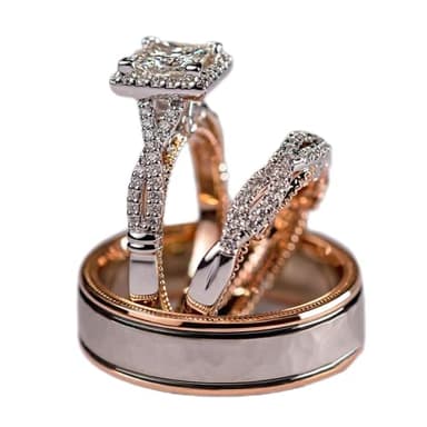 Engagement rings for couples set,3 pc His and Her Wedding Ring Set, Hypoallergenic Rose Gold Ring Set, Cubic Zirconia Bride Promise Rings Set,size 6-10 (10)