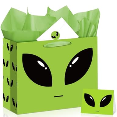 Cool Alien Gift Bag Set Cute Outer Space All-in-One Gift Wrapping Kit with Greeting Card, Sticker, Envelope and Tissue Paper for UFO Birthday Baby Shower Party Favors Decor, Gifts for Alien Lovers