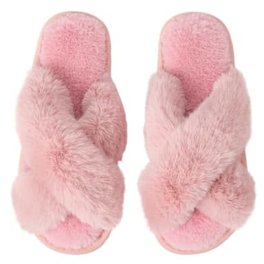 Csfry Women's Slippers Cross Band Fuzzy Fluffy Open Toe House Slippers Pink US9-10