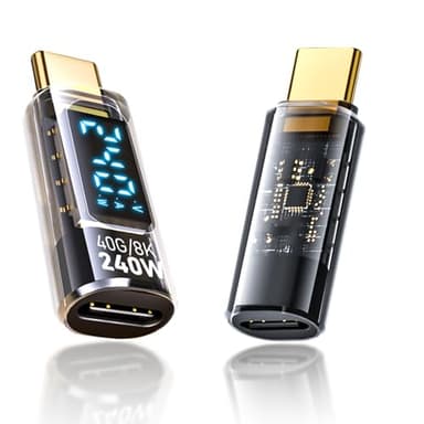 BENACES USB C Extension Adapter, 2Pack 40Gbps Transparent USB C Converter Power Meter Tester with LED Digital Display,PD 240W USB Type C Male to Female Adapter Connector for iPhone 15/16 Series