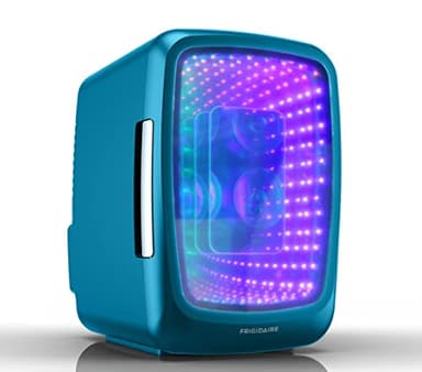 Frigidaire Gaming Light Up Mini Beverage Refrigerator, 6 can, 4 liters, Cooler with large see through door and LED lights Perfect for Gaming Experience, Home, Office, or Cars.12V Charger (Blue)