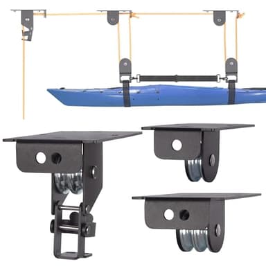 RoakyRoasy Kayak Hoist for Garage Ceiling with Metal Pulley System Holds 150 lbs, 5.5" Low-Profile Canoe Storage Lift, Parallel or Perpendicular Mounted