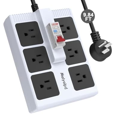 Melyolpd GFCI Power Strip Heavy Duty Extension Cord with Leakage Protection 9.84 FT 14 Gauge 6 Outlet Surge Protector for Workshop Garage Indoor [15 A/1875 W] White