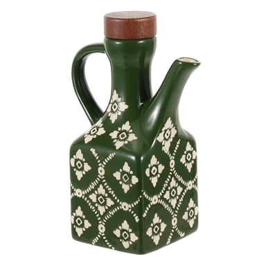 MegoSage 8.5 oz Green Ceramic Olive Oil Dispenser Bottle Decorative Olive Oil Dispenser Bottle with Handle & Wooden Stopper Relief Opaque Ceramic Oil Cruet for Kitchen Cooking Oil Vinegar