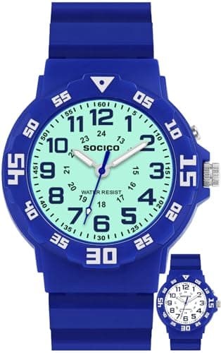 Kids Analog Watch with Light for Boys Girls Waterproof Time Teaching Watches with Soft Band Learning Time Wrist Watch Easy to Read for Children Great Gifts (Blue)