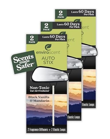 Enviroscent Non-Toxic* Car Air Freshener Auto Stix® - Scents Made Safer - Enjoy Fragrance Lasts Up to 180 Days - Includes Auto Stix® Diffusers & Elastic Loops - Black Vanilla & Mandarin (Pack of 3)