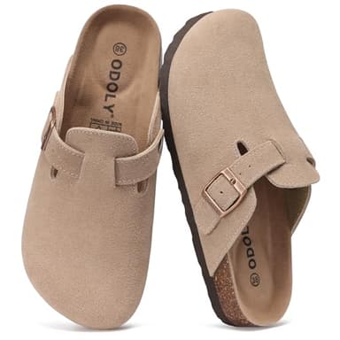 ODOLY Genuine Suede Clogs for Women Men Soft Cork Footbed Leather Mules Comfort Potato Shoes with Arch Support, Taupe-38