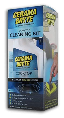Cerama Bryte - Cooktop Cleaning Kit - Includes 10 oz. Bottle of Cerama Bryte Cooktop Cleaner, 2 Cleaning Pads, 1 POW-R Grip Pad Tool and 1 Scraper packed in Reusable Container, White (SYNCHKG114607)
