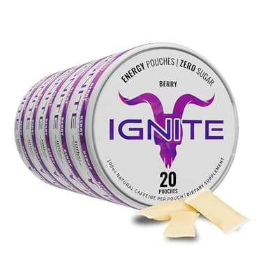 Ignite Energy Caffeine Pouches, Berry | 5 Packs (100 Total) | 100mg Caffeine per Pouch | 20 Pouches per Pack | Sugar-Free, Tobacco-Free, Nicotine-Free Energy Boost