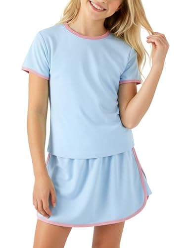 PATPAT Girls 2 Piece Outfits Size 11-12 Years, Blue Pink Color Block Tshirts and Skorts Clothing Sets, Girls Summer Outfits, Trendy Clothes Skirt Sets Summer Clothes Lounge Sets