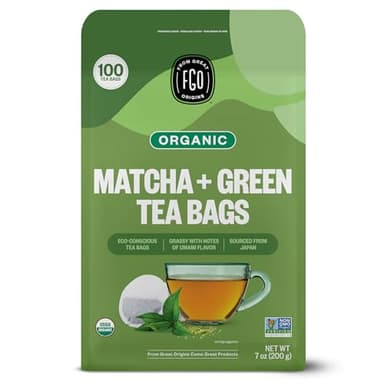 FGO Organic Japanese Matcha + Green Tea, 100 Count, Eco-Conscious Tea Bags, Resealable Bag, Packaging May Vary (Pack of 1)