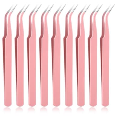 9 Pcs Precision Tweezers, Stainless Steel Craft Tweezers for Crafting, Curved Tweezer Multipurpose Pointed Long Tweezer for Crafting DIY Bead Jewelry Making, Scrapbooking, Crafts, Nail Art (Pink)