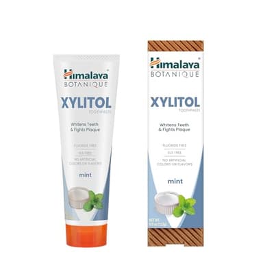 Himalaya Botanique Xylitol Toothpaste, Mint Flavor - Fluoride Free Toothpaste to Whiten Teeth, Fight Plaque and for Fresh Breath - Vegan, Gluten Free, No Artificial Flavors or Colors, 4 oz