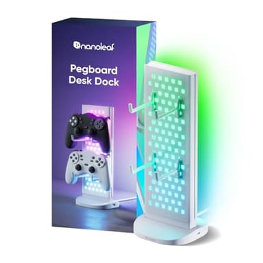 Nanoleaf Pegboard Desk Dock, 3‑in‑1 Desk Hub with Dual‑Sided LED Lighting, USB‑A & USB‑C Charging, 950 mm Pegboard Storage, 50 Lumens, 64 RGB LEDs, Works with Nanoleaf Desktop App, White