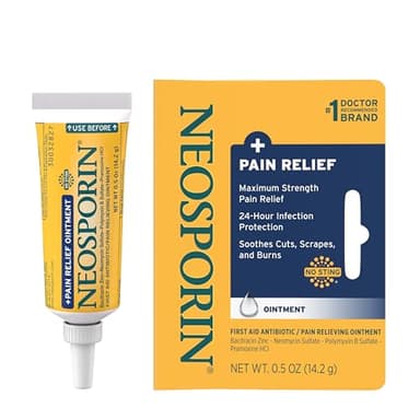 Neosporin + Maximum-Strength Pain Relief Dual Action Ointment, First Aid Topical Antibiotic & Analgesic Ointment for 24-Hour Infection Protection with Bacitracin Zinc & Pramoxine HCl,.5 oz