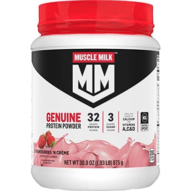 Muscle Milk Genuine Protein Powder, Strawberries ‘N Crème, 1.93 Pounds, 13 Servings, 32g Protein, 3g Sugar, Calcium, Vitamins A, C & D, NSF Certified for Sport, Energizing Snack, Packaging May Vary