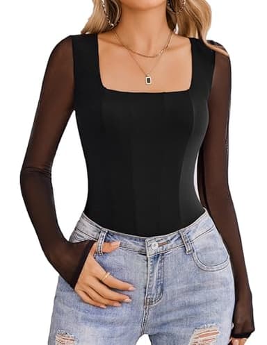 Avidlove Women's Long Sleeve Bodysuits Square Neck One Piece Body Suit Mesh Leotard Tops Double Lined Soft (Black, M)