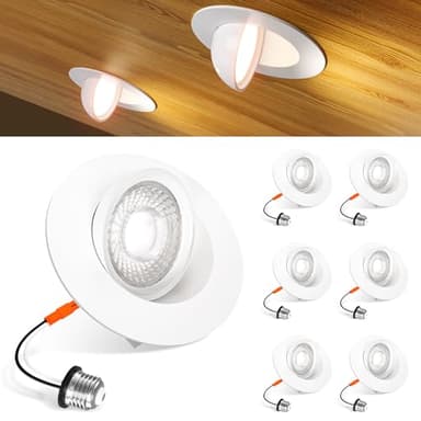 Amico 6 Pack 4 Inch Eyeball Gimbal Retrofit Can Lights, 90° Adjustable Directional 5CCT LED Recessed Lights, Dimmable, 2700K/3000K/3500K/4000K/5000K Selectable, 9W 700LM, ETL&FCC