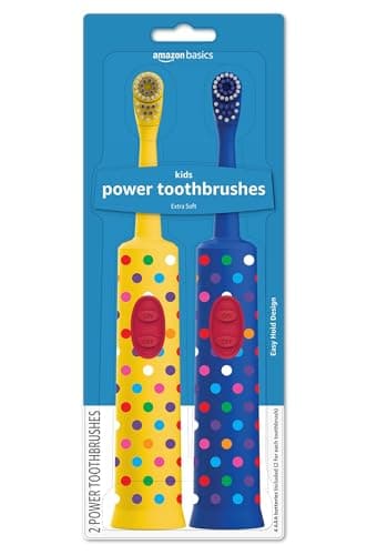 Amazon Basics Kids Electric Toothbrush, Battery Powered, Soft Bristles, Oscillating Brush Head, Ages 4+, 2 Count, 1-Pack (Previously Solimo)