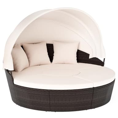 Tangkula Patio Round Daybed with Retractable Canopy, PE Rattan Cushioned Sectional Seating with Center Table, Sofas, Couch & Throw Pillows, Outdoor Sunbed for Backyard, Porch, Garden (Off White)