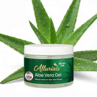 Allurials 99.75% Pure & Organic Aloe Vera Gel - Made in USA, Clinically tested & Dermatologist approved, Hydrates & Heals Dry & Damaged Skin & Hair- 12 Oz