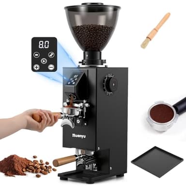 Huanyu Commercial Coffee Grinder, Built-In 58mm Auto Tamper, 64mm Flat Burr, Anti-Flying Grounds Outlet, 35OZ Hopper, 14 Grinding Settings, Smart Buttons for Cafés