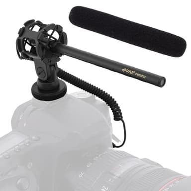 Pyle Camera-Mount Shotgun Microphone, Back Electret Condenser, Line-Gradient Pattern, 3.5mm Connector, 42dB Sensitivity, 50Hz-18kHz, Windscreen & Mic Holder, On-Camera Condenser Mic for Clear Audio