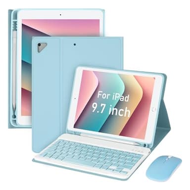 for iPad Pro 9.7 inch Case with Keyboard and Mouse for iPad 2018 (6th Gen)/ 2017 (5th Gen), 2016 iPad Pro/Air 2/1 Keyboard Case with Mouse, Bluetooth Wireless Keyboard Cover with Pencil Holder, Blue