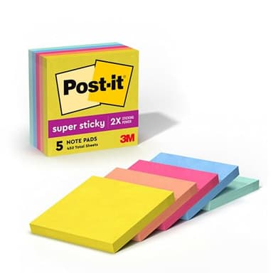 Post-it Super Sticky Notes, 5 Sticky Note Pads, 3 x 3 in., Ideal for Organization in Your Dorm, Home or Office, 2X The Sticking Power, Summer Joy Collection