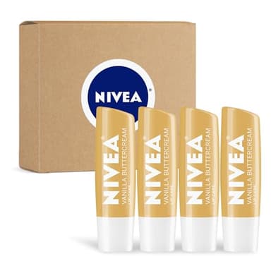 NIVEA Vanilla Buttercream Lip Care, Lip Balm with Shea Butter, 4 x 0.17 OZ