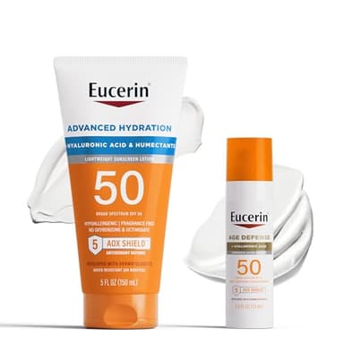 Eucerin Sun Advanced Hydration SPF 50 Sunscreen Lotion (5 Fl Oz) + Age Defense Face Sunscreen Lotion SPF 50 (2.5 Fl Oz), Hypoallergenic and Lightweight Sun Protection with Hyaluronic Acid