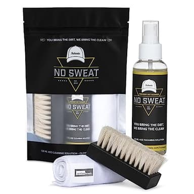 No Sweat Premium Hat Cleaner. Includes 4 OZ of Cleaning Solution, Microfiber Cloth, & SOFT Bristle Brush. Works great on all of your favorite hats