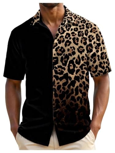 VIPWOLF Men's Leopard Print Tops Button Down Short Sleeve Summer Cheetah Shirts Casual Trendy Top Black Leopard X-Large
