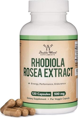 Rhodiola Rosea Supplement 500mg, 120 Vegan Capsules (Third Party Test, Gluten Free, 3% Salidrosides, 1% Rosavins Extract) for Performance, Calming, Motivation by Double Wood