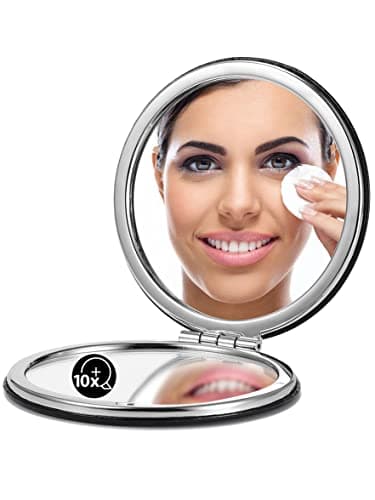 OMIRO 1X/10X Magnifying Compact Mirror with PU Leather, Ultra-Portable for Purses and Travel, Round Black