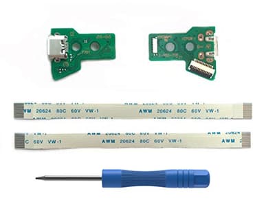 2PCs JDS-055 Replacement Charging Port Assembly for PS4 DualShock 4, Repair Part Micro USB Adaptor Charger Socket Board Connector Module for PlayStation DS4 Controller, Flex Cable, Tool Screwdriver
